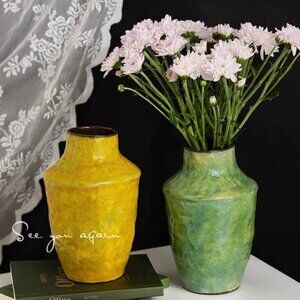 Textured Ceramic Vase – Green or Mustard Modern Accent